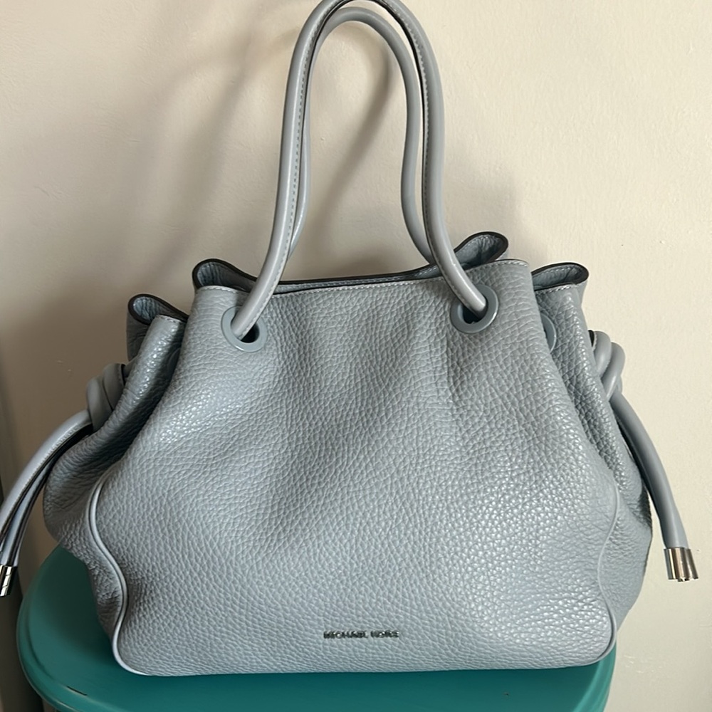 Michael Kors Large Pebbled Leather Dalia Dusty Blue Tote Shoulder Bag